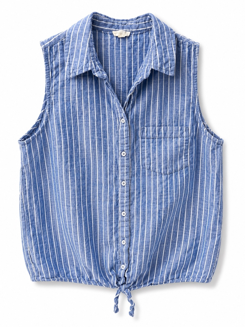 Striped Blue Sleeveless Button-Up Tie-Hem Top
